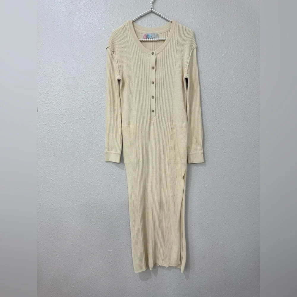 Free People FP BEACH Free Fall Sweater Maxi Slit Ribbed Dress Tan Size S